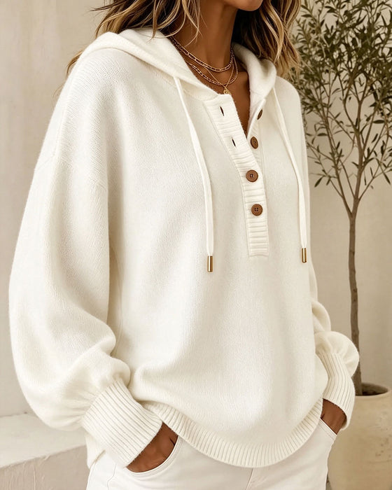 Pullover Kapuze Knopf Laternenärmel Kordelzug