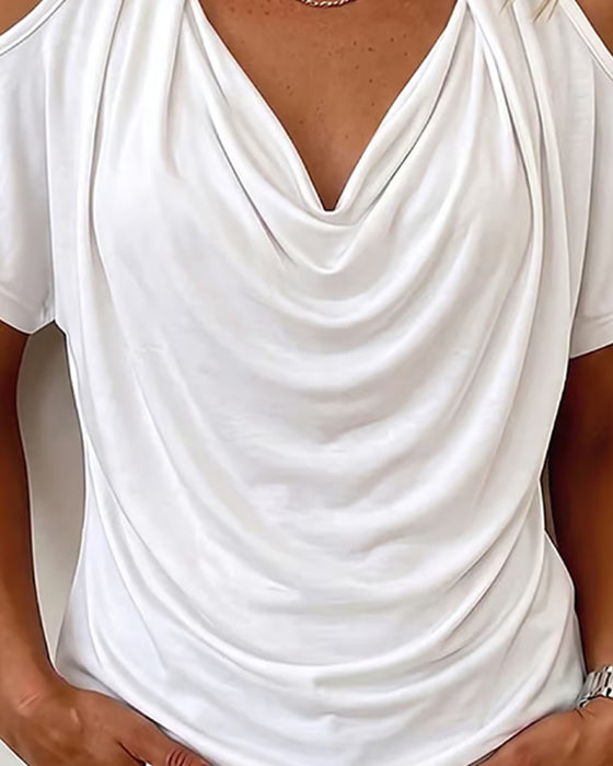 T-Shirt Halter Off-Shoulder Drapiert Kurzer Ärmel