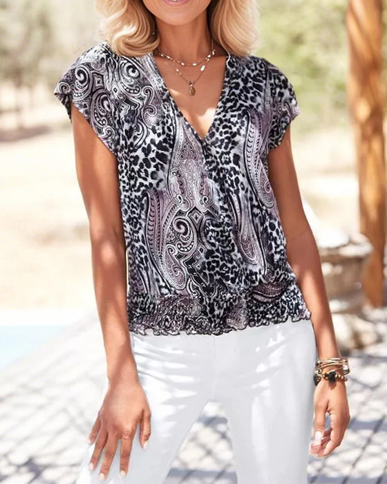 Bluse V-Ausschnitt Leopardenmuster Cashew
