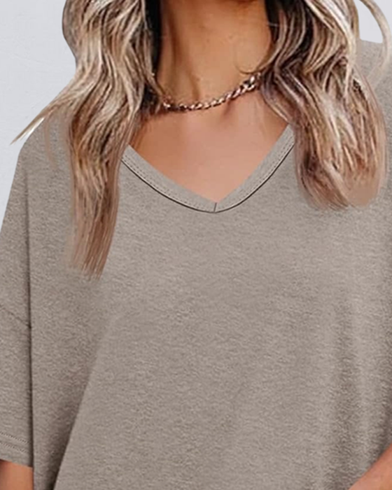 Bluse Einfarbig V-Ausschnitt Patchwork Saum