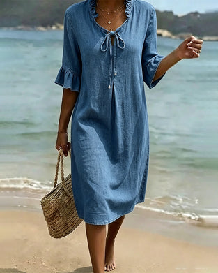 Kleid Rüsche Bindegürtel Denim