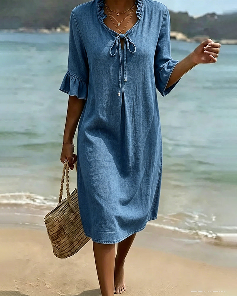 Kleid Rüsche Bindegürtel Denim