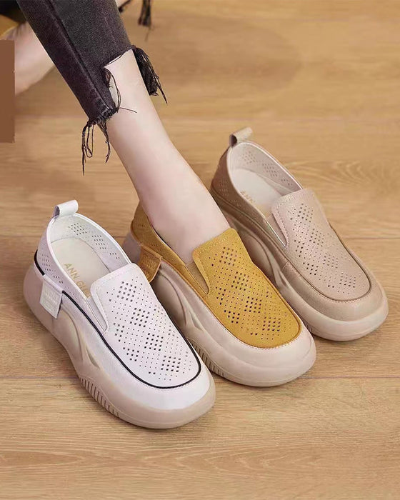 Schuhe Dick Sohle Damen Durchbrochen Loafers Runde Zehe Kappe