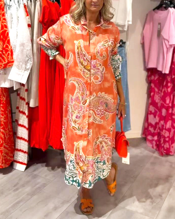 Kleid Stehkragen Langarm Cashew Druck