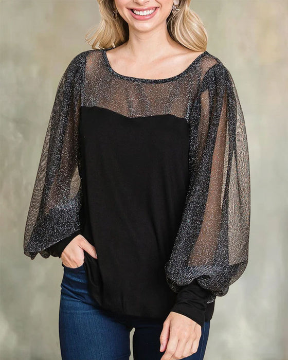 Bluse Sheer Puffärmel Panel Locker