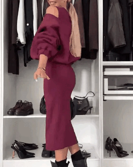 Damen-Set mit schräger Schulter-Sweatshirt und ärmellosem Kleid