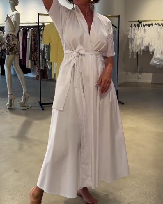 Kleid V-Ausschnitt Binden Taille Weiter Rock