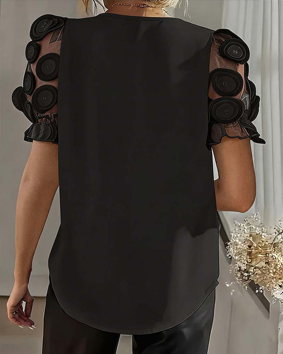 Bluse Puffärmel Mesh V-Ausschnitt