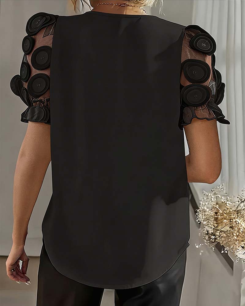 Bluse Puffärmel Mesh V-Ausschnitt