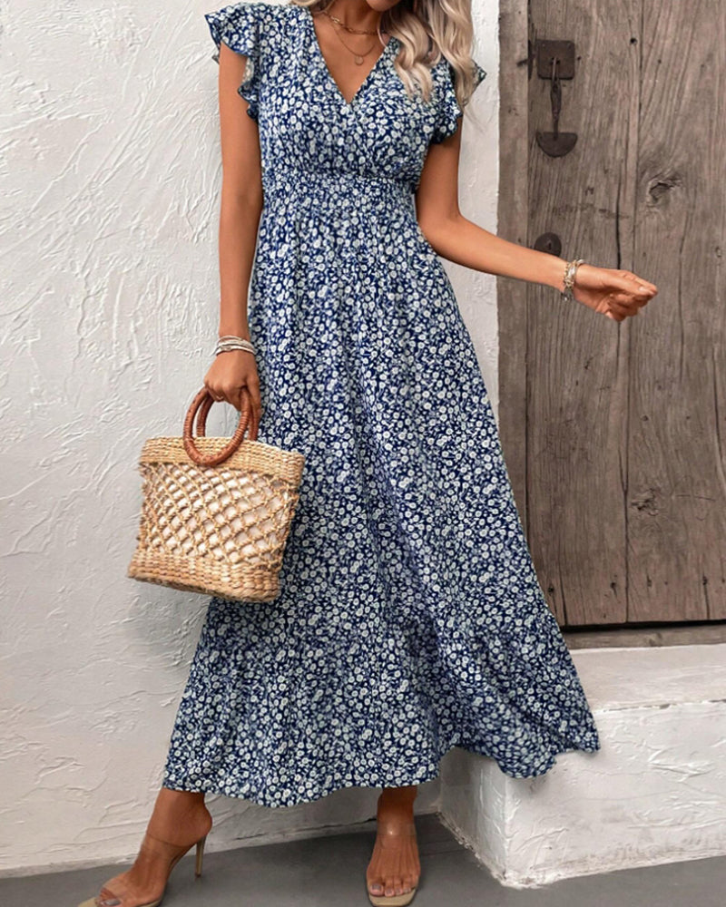 Maxi dress with floral print, v-neck and ruffled waist
