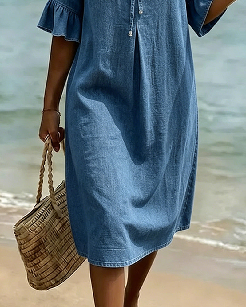 Kleid Rüsche Bindegürtel Denim