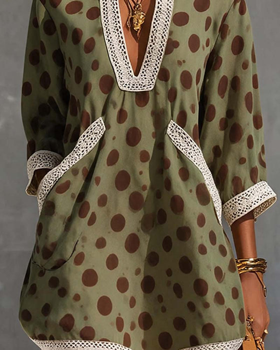 Kleid V-Ausschnitt Polka Dot Tasche