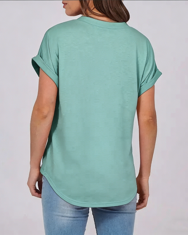 T-Shirt Unifarben V-Ausschnitt Kurzarm