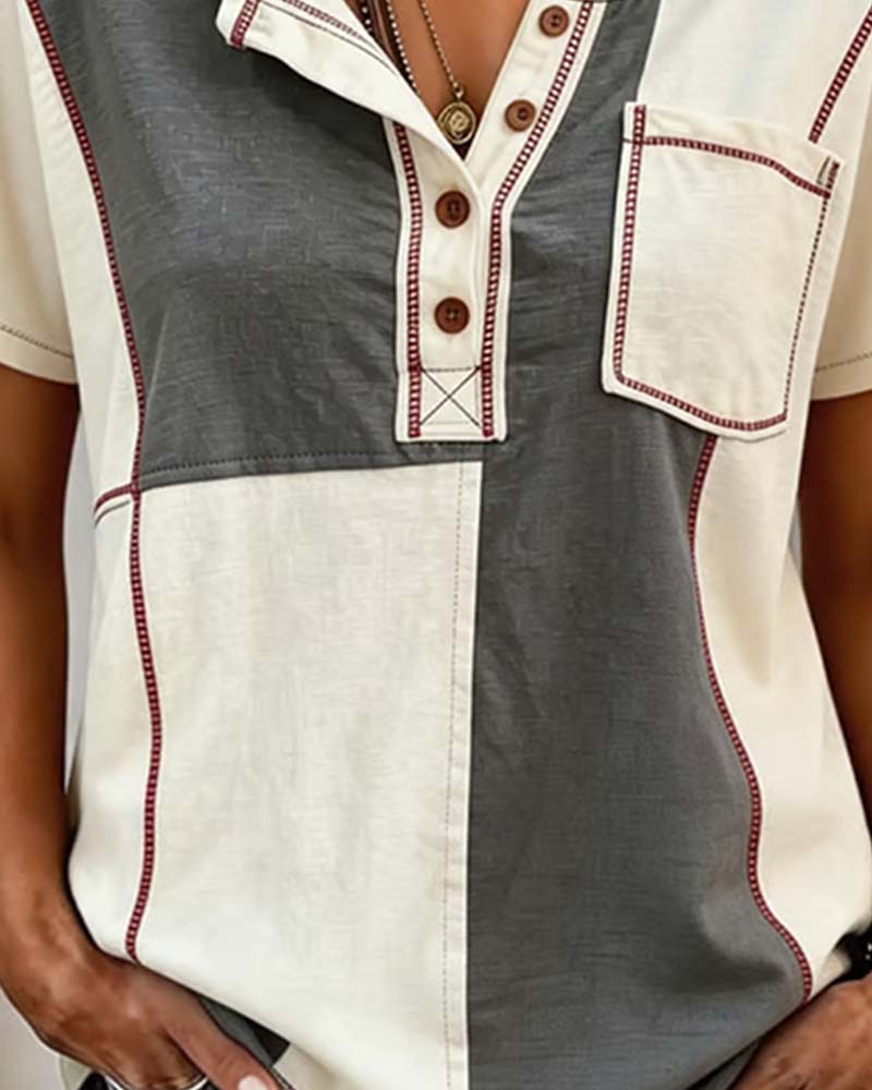 T-Shirt Kontrastfarbe Rundhals Knopf Patchwork