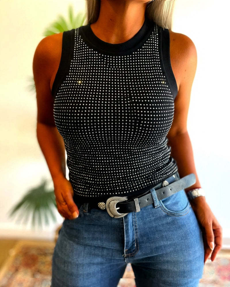 Tanktop Einfarbig Gerippt Strass Eng Anliegend