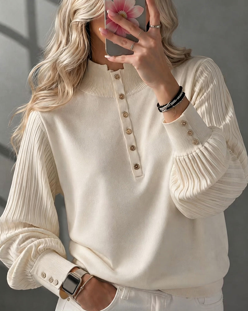 Pullover Rollkragen Knopf Gerippt Puffärmel Sweater