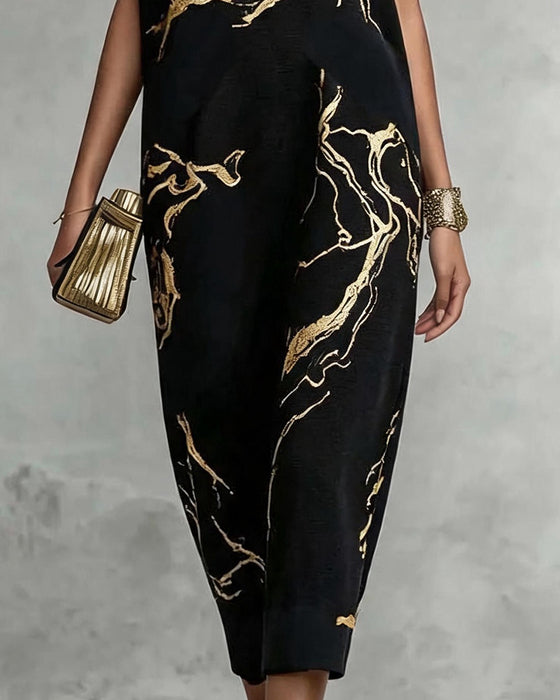 Kleid Fledermaus Kurzarm Rundhals Druck Lang