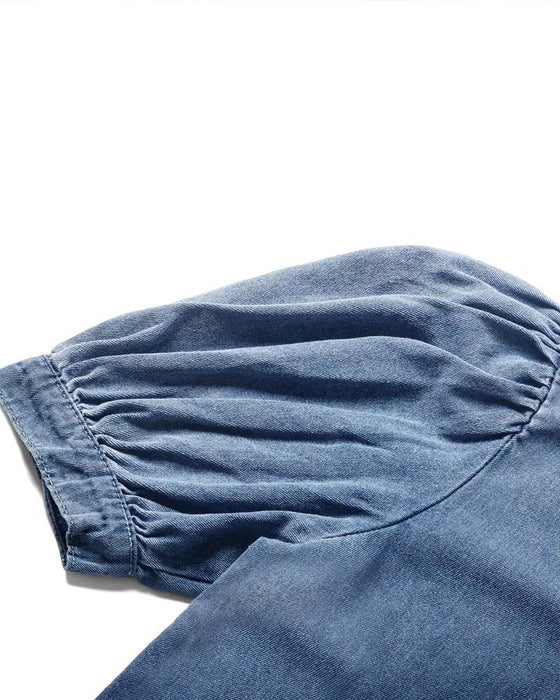 Hemd Druckknopf Denim Laternenärmel Locker