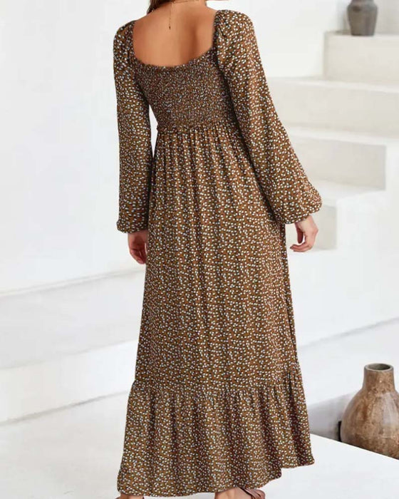 Kleid Blumen Viereckiger Ausschnitt Langarm Maxi