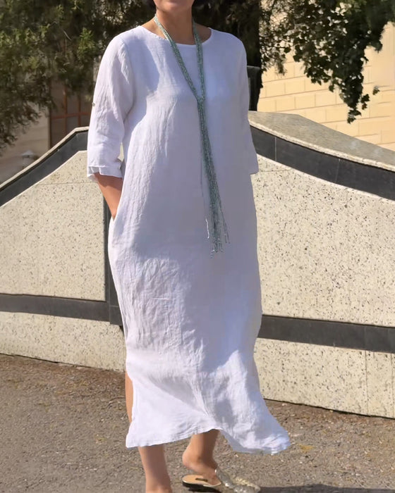 Kleid Rundhals Uni Ellenbogenlang Ärmel Locker