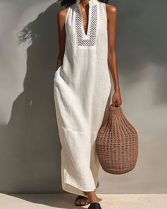 Kleid V-Ausschnitt Ärmellos Hollow Out Mesh