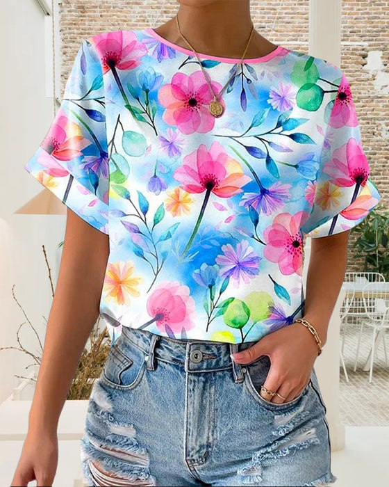 Bluse Bedruckt Rundhals Kurzarm