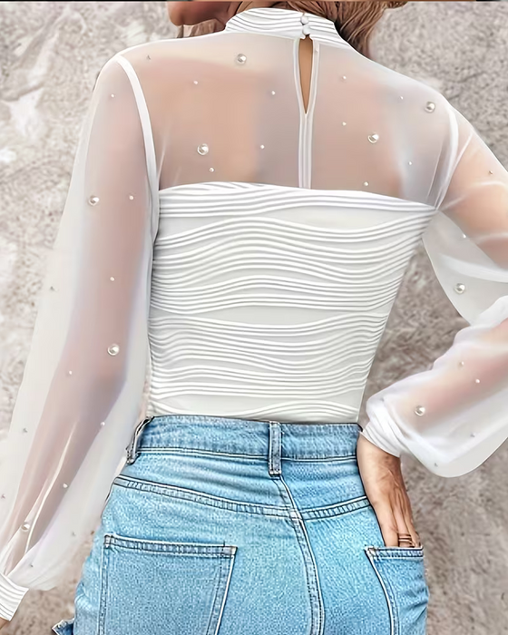 Bluse Mock Neck Gerafft Sheer