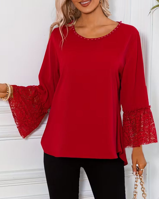 Bluse Spitze Glockenärmel Crewneck