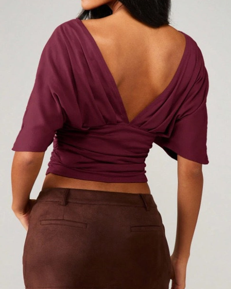 Top V-Ausschnitt Fledermaus Ärmel Taille Binden