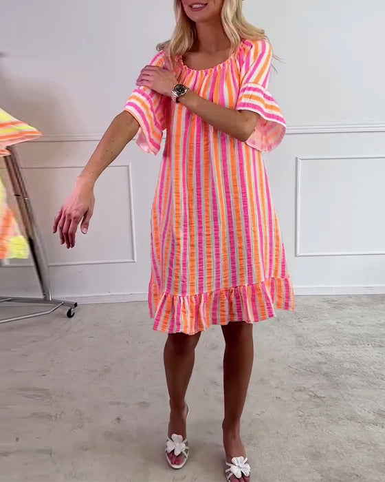 Kleid Rundhals gestreift plissiertes Shiftkleid