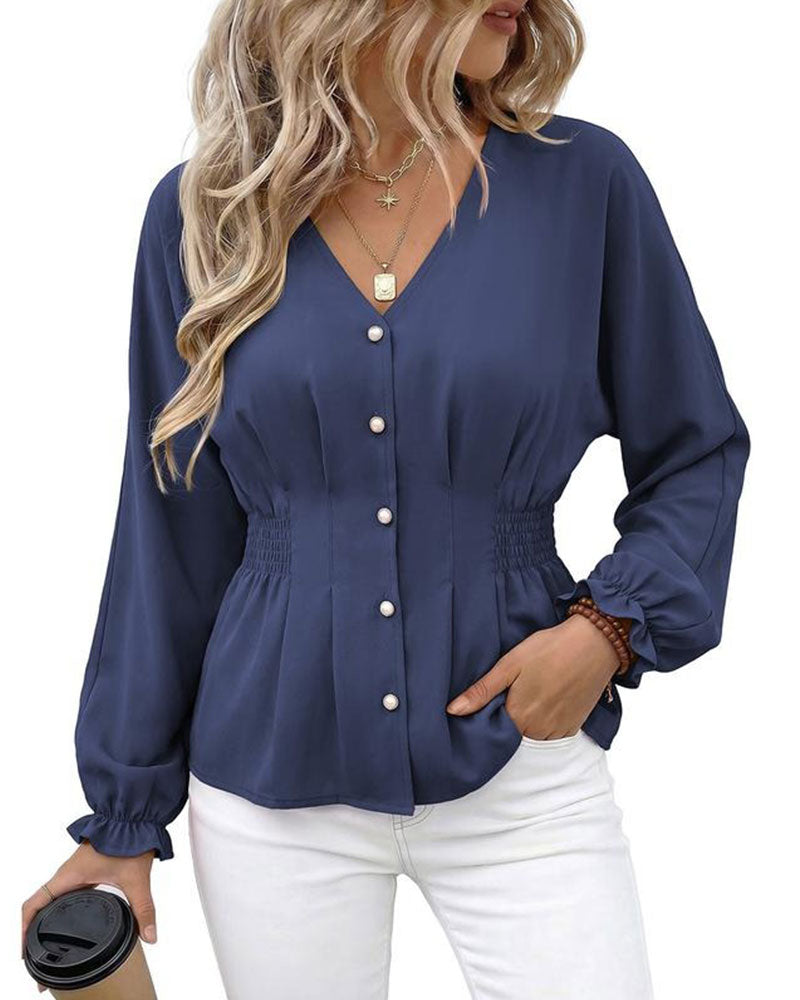 Bluse V-Ausschnitt Knopf Falten Taille Rüsche
