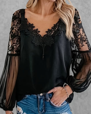 Bluse V-Ausschnitt Spitze Patchwork Mesh