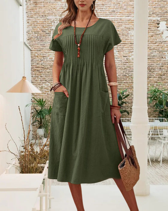 Kleid plissiert kurzärmlig Baumwolle und Leinen
