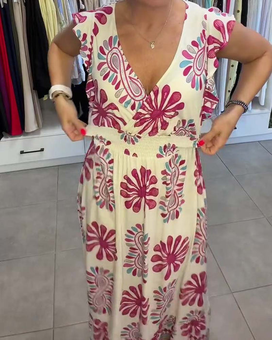 Kleid Blumen Taille-Zug Flatter-Ärmel Urlaub Maxi