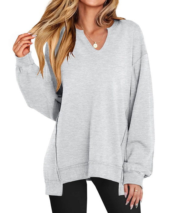 Kleiner V-Ausschnitt, Lässig Weites Langarm Sweatshirt