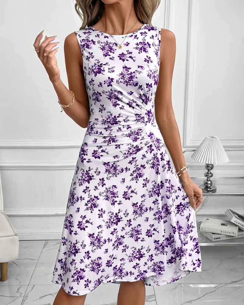 Kleid Blumen Ärmellos Gerafft Taille