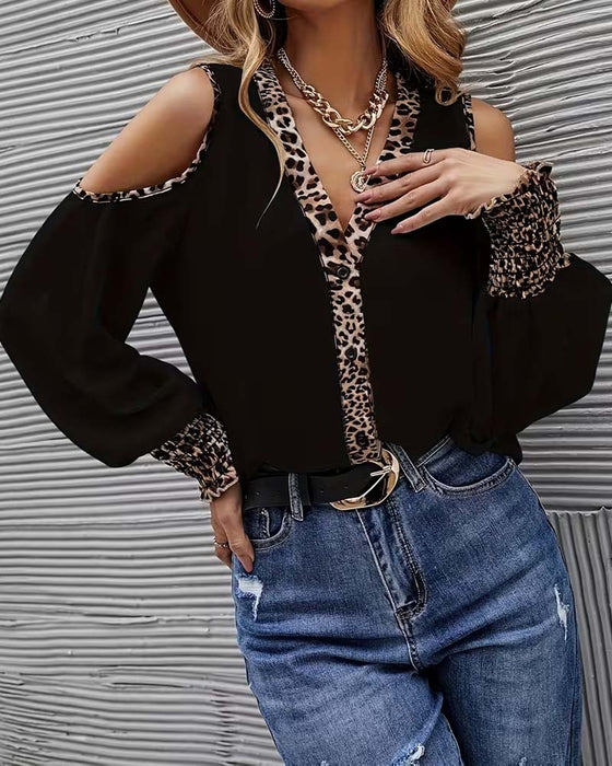 Bluse Off-Shoulder Leopard Patchwork Langarm