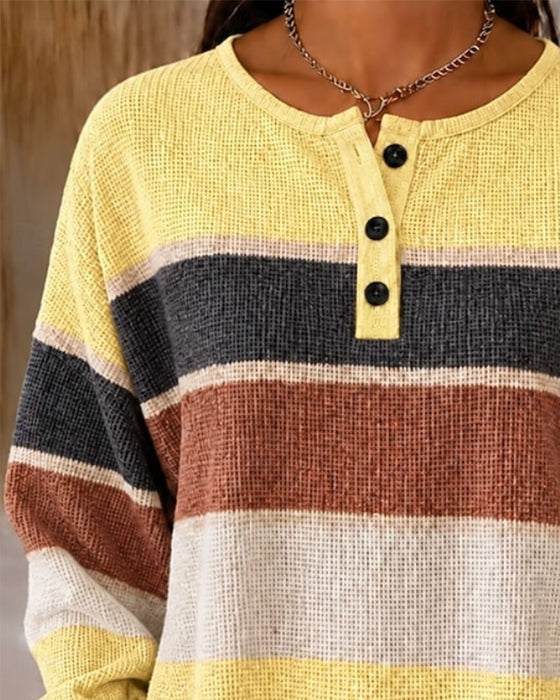 Sweatshirt Rundhals Geknöpft Kontrast Gestreift