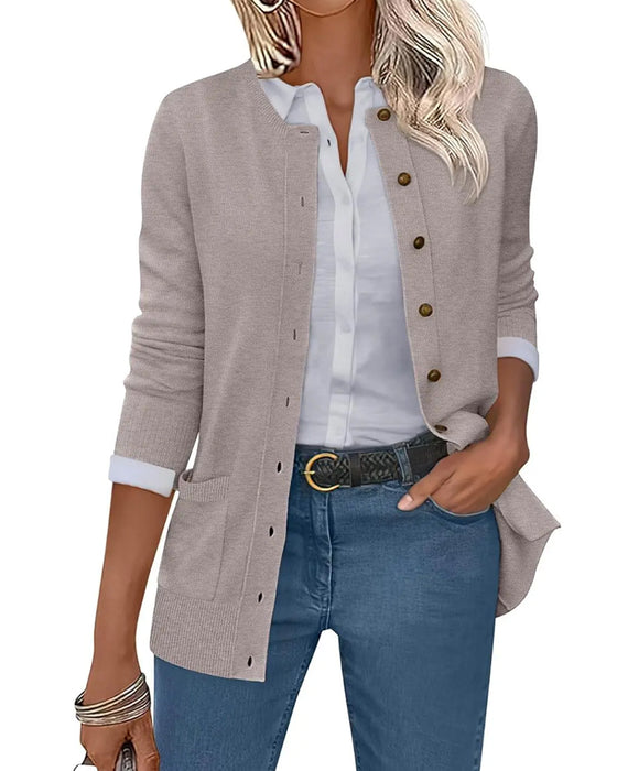 Cardigan Rundhals Knopf Langarm Einfarbig