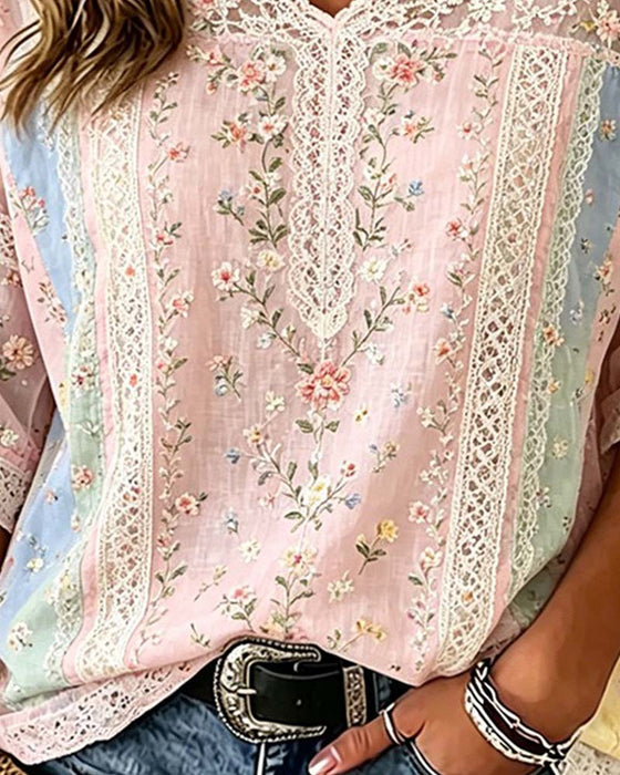 Bluse V-Ausschnitt Spitze Patchwork Kontrast Blumig