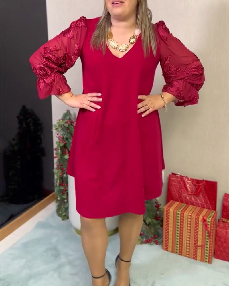 Kleid Puffärmel Tüll Eingesetzt V-Ausschnitt Lockere Passform