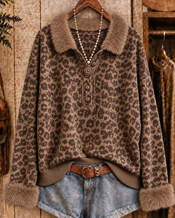Sweatshirt Revers Geknöpft Leopardenmuster Langarm