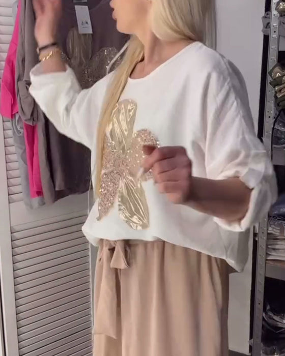 Bluse Loose Fit Blumen Sequins