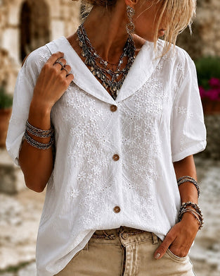 Bluse Revers Knopf Dreidimensional Blumig