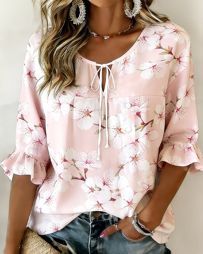 Bluse Kirschblütenprint Krawatte