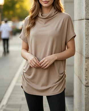 Bluse Mock Neck Kurzarm Seite Gerafft