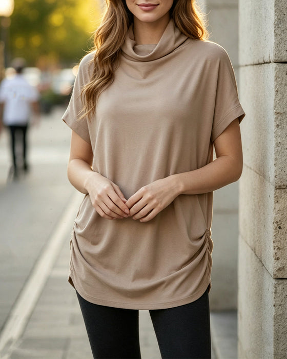 Bluse Mock Neck Kurzarm Seite Gerafft