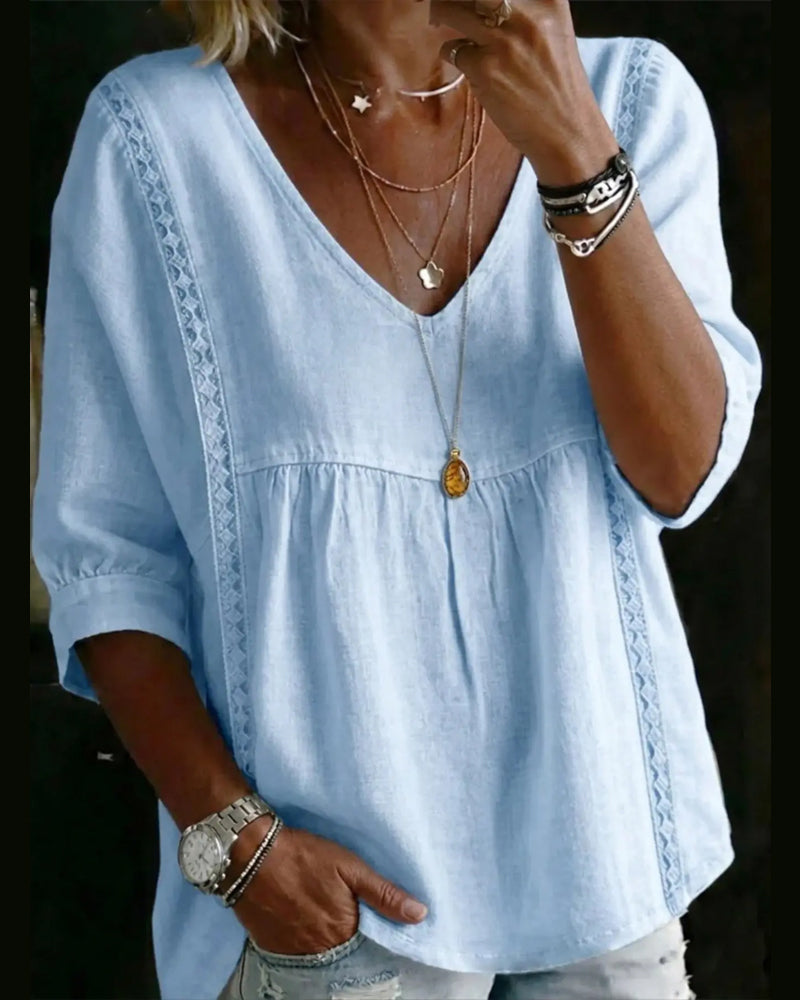 Bluse V-Ausschnitt Spitze Hohl Plissiert