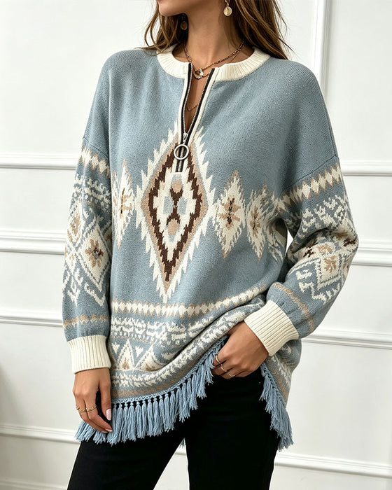 Pullover Geometrisch Jacquard Halb-Zip Fransen Saum