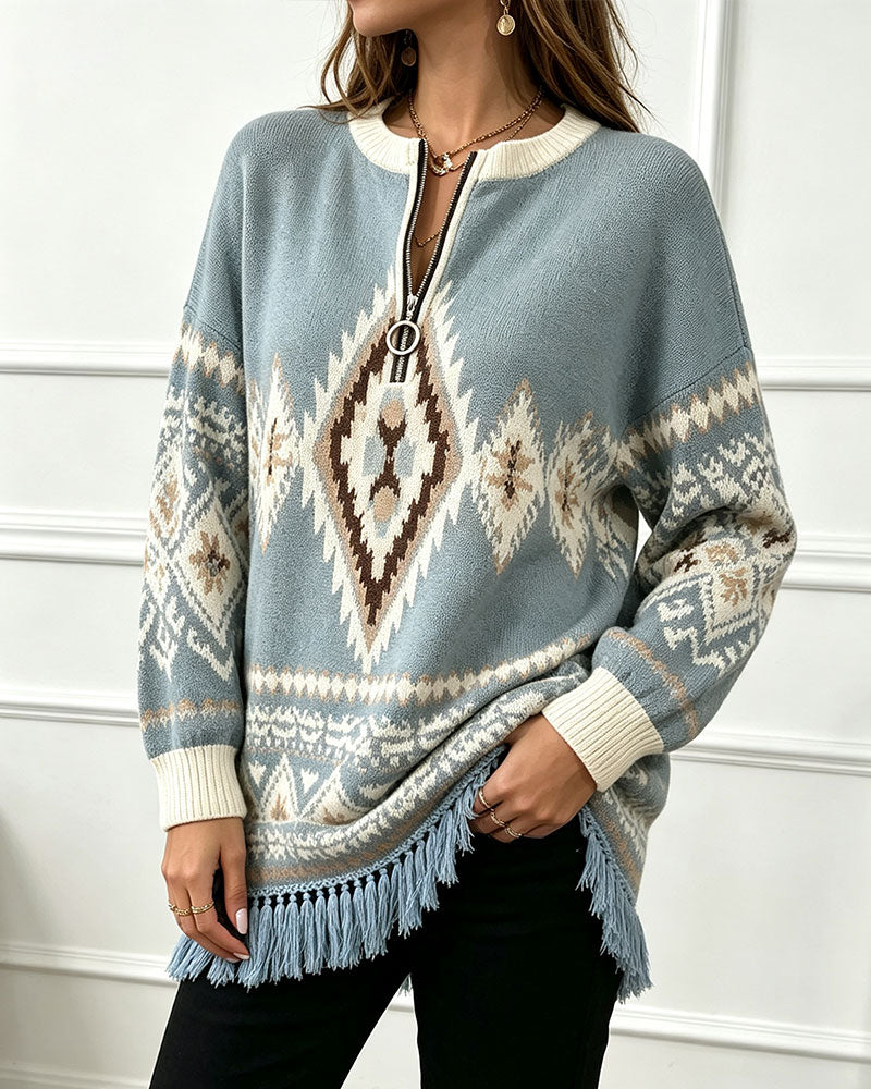 Pullover Geometrisch Jacquard Halb-Zip Fransen Saum